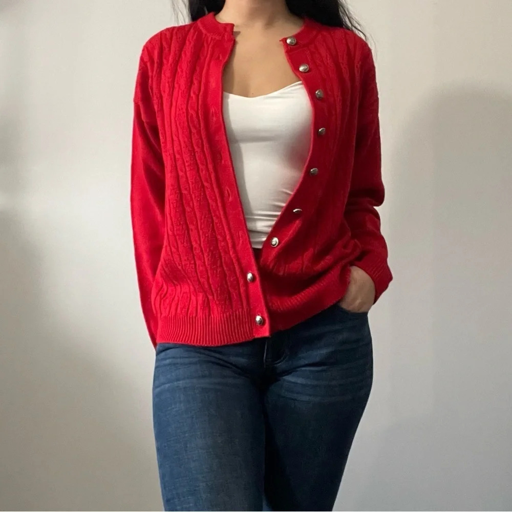 🌹 Vintage Sears  By Tradition Button-Up Red Cardigan - Women’s Size 38 🌟